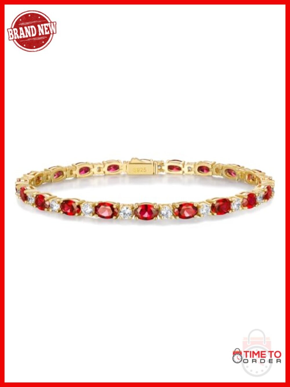925 Sterling Silver 14K Gold Plated 5a CZ & Ruby Tennis Bracelet 7.5 Inch